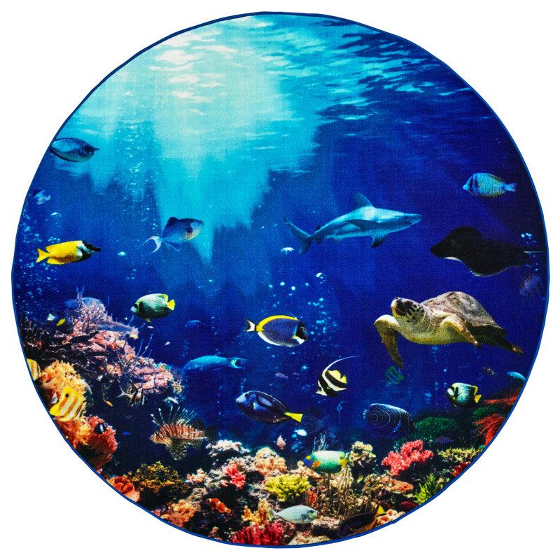 Pixel Perfect Explore the Ocean Photo Printed Tufted Blue/Red/Brown Rug, Round 6'