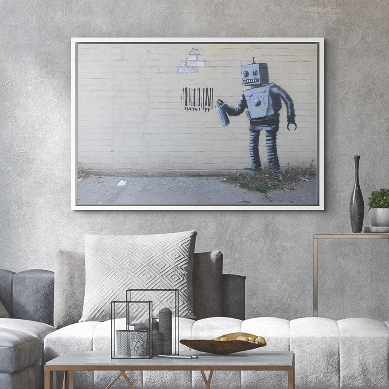 Banksy Robot Spray, peinture à code-barres sur toile, H 24 po x l 36 po x P 1,5 po, Cadre flottant blanc