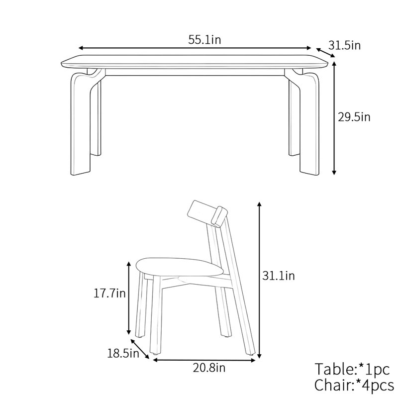 Simple high-end rectangular dining table set, 29.5"H x 55.1"L x 31.5"W