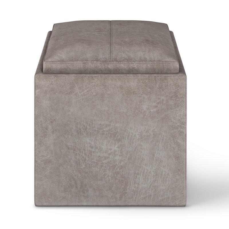 Rockwood 17"W Upholstered Vegan Leather Contemporary Square Storage Cube Ottoman with Flip-Over Tray, Assembled, Gray