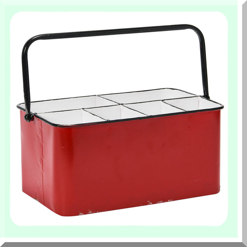 Rustic Red & White Farmhouse Metal Storage Caddy - 6 Compartment Organizer with Handle