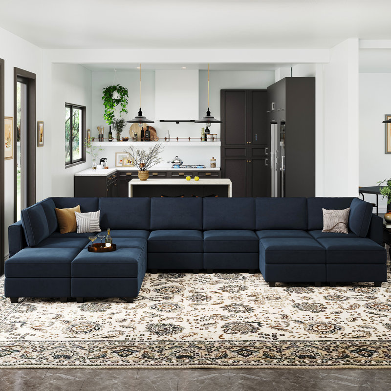Wylodene 169.4'' Wide Genuine Velvet Reversible Modular Corner Sectional, Blue Velvet