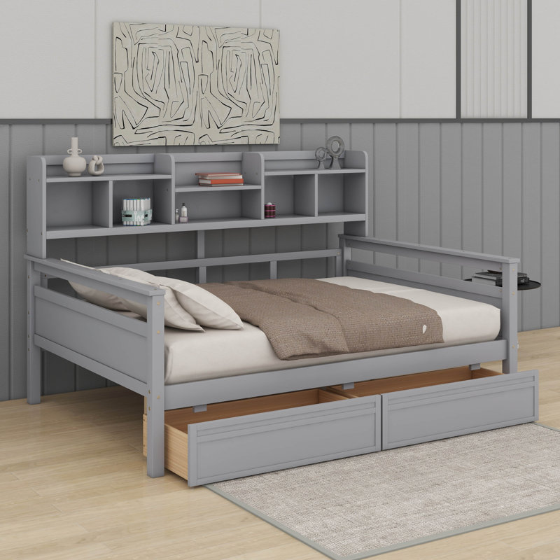 Lit de jour double, support en lattes de bois, avec tablette de chevet et deux tiroirs, Gris, Lit double