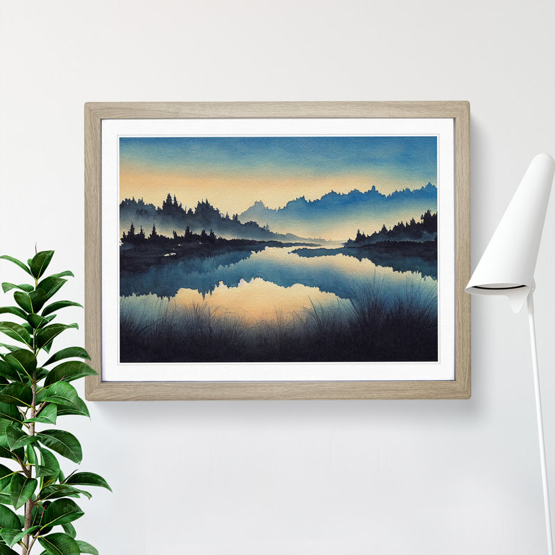 Forest River Reflection - Single Picture Frame Painting, 34cm H x 46cm W x 2cm D, Oak