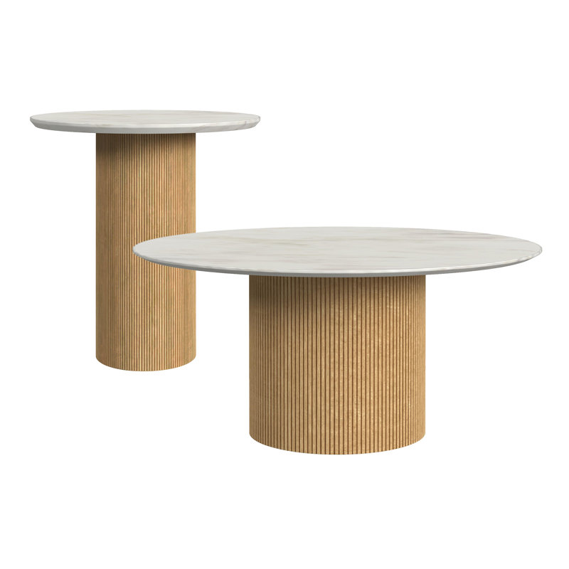 Ensemble de 2 tables d'appoint Ladene avec plateau et piètement en faux marbre blanc naturel - Table basse et table d'appoint