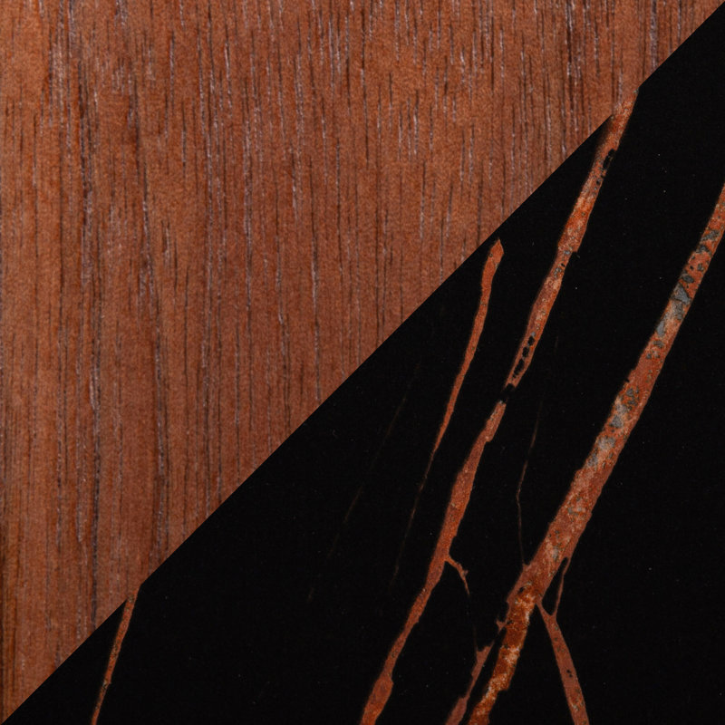 Table de salle à manger d'intérieur de style moderne du milieu du siècle avec cadre en bois de noyer, plateau en marbre noir texturé, pieds courbés, hauteur fixe, quatre places assises, profondeur 99,6 cm, largeur 76,8 cm, poids 25,4 kg, assemblage requis