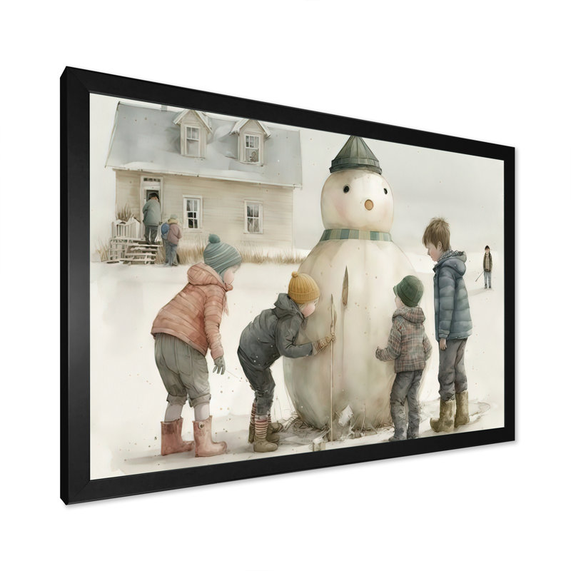 «Kids Building a Huge Snowman I», peinture sur toile, H 30 po x l 40 po x P 1,5 po, Impression noire sur toile encadrée