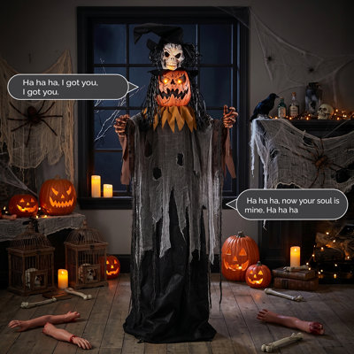 6FT Skull Pumpkin Man with Orange Glowing Eyes Pop Out Head Ghost Sound Motion Sensor Halloween Standing Decoration Battery Powered