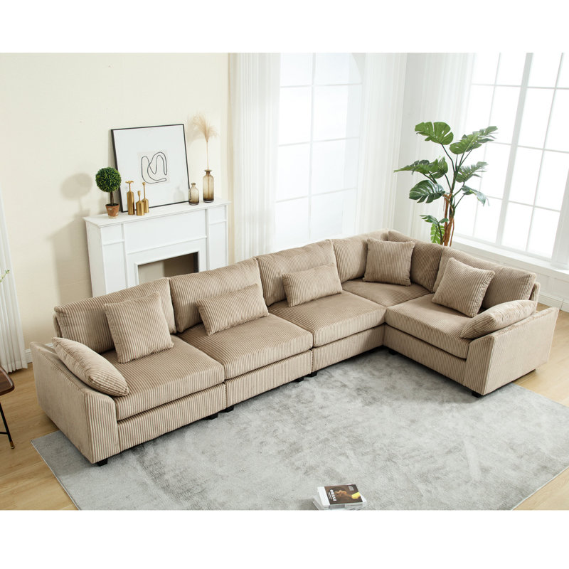 Canapé modulaire en L 5 places rembourré en velours côtelé pour salon, 7 coussins, canapé surdimensionné brun, coussins, Brun