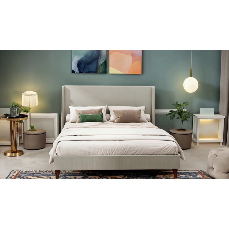 Lit tapissier à tête haute, lit plateforme avec support à 12 lattes, Beige, Très grand lit