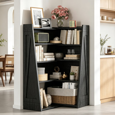 Bookshelf 4-Tier Expandable L-Shaped Storage Rack, Modular Black Oak Grain Bookcase with 3 Adjustable Layouts, Space-Saving Corner Display Unit for Living Room, Bedroom & Home Office