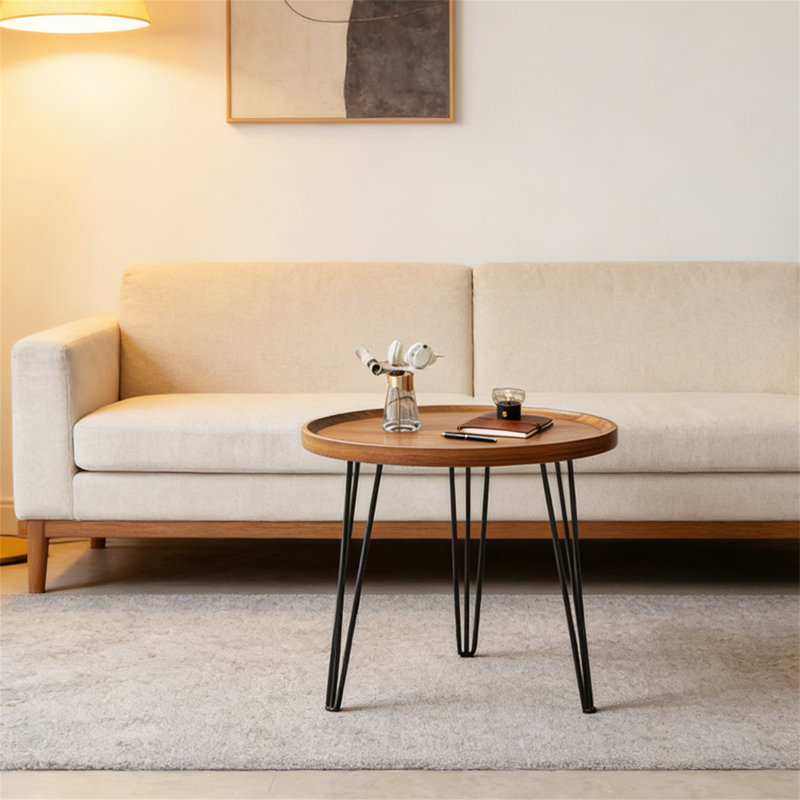 Table d'appoint ronde en grain de bois, avec rebord anti-chute et pieds en épingle à cheveux noirs, style Mid-Century compact et robuste