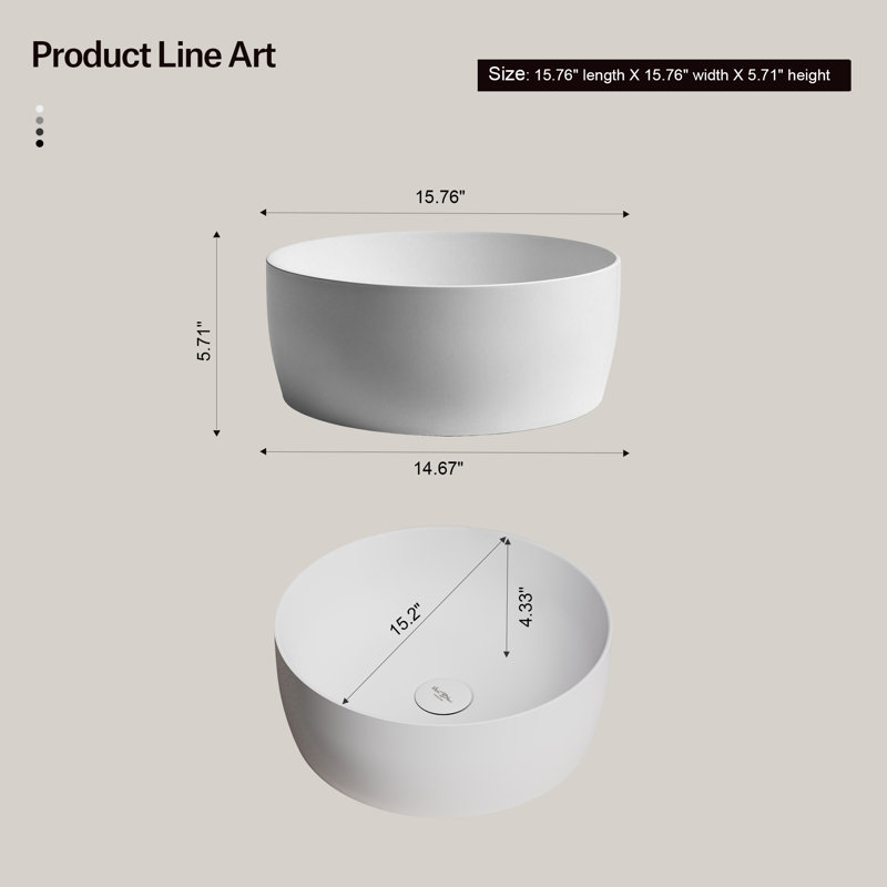 Lavabo vasque de salle de bain rond 16 po Monblari blanc mat, Blanc mat