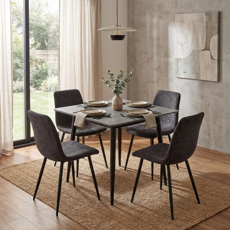 5pc Marble Effect Square Dining Table & Chairs Set, Grey