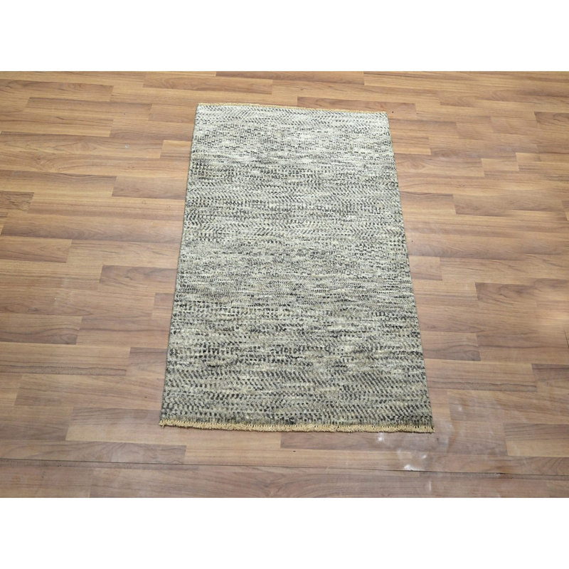 2 pi x 3 pi beige, noué à la main, motif d'herbe moderne, ton sur ton, laine naturelle non teinte, tapis, échantillon, tapis oriental