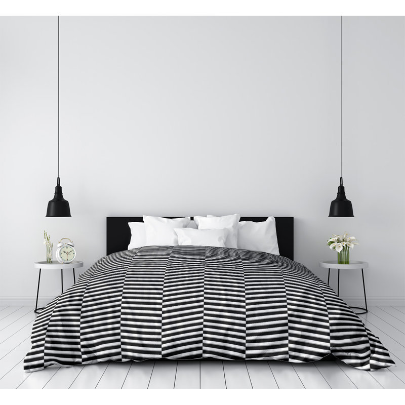 Housse de couette simple à rayures fracturées, Housse de couette simple TG, Polyester brossé, Noir / Blanc