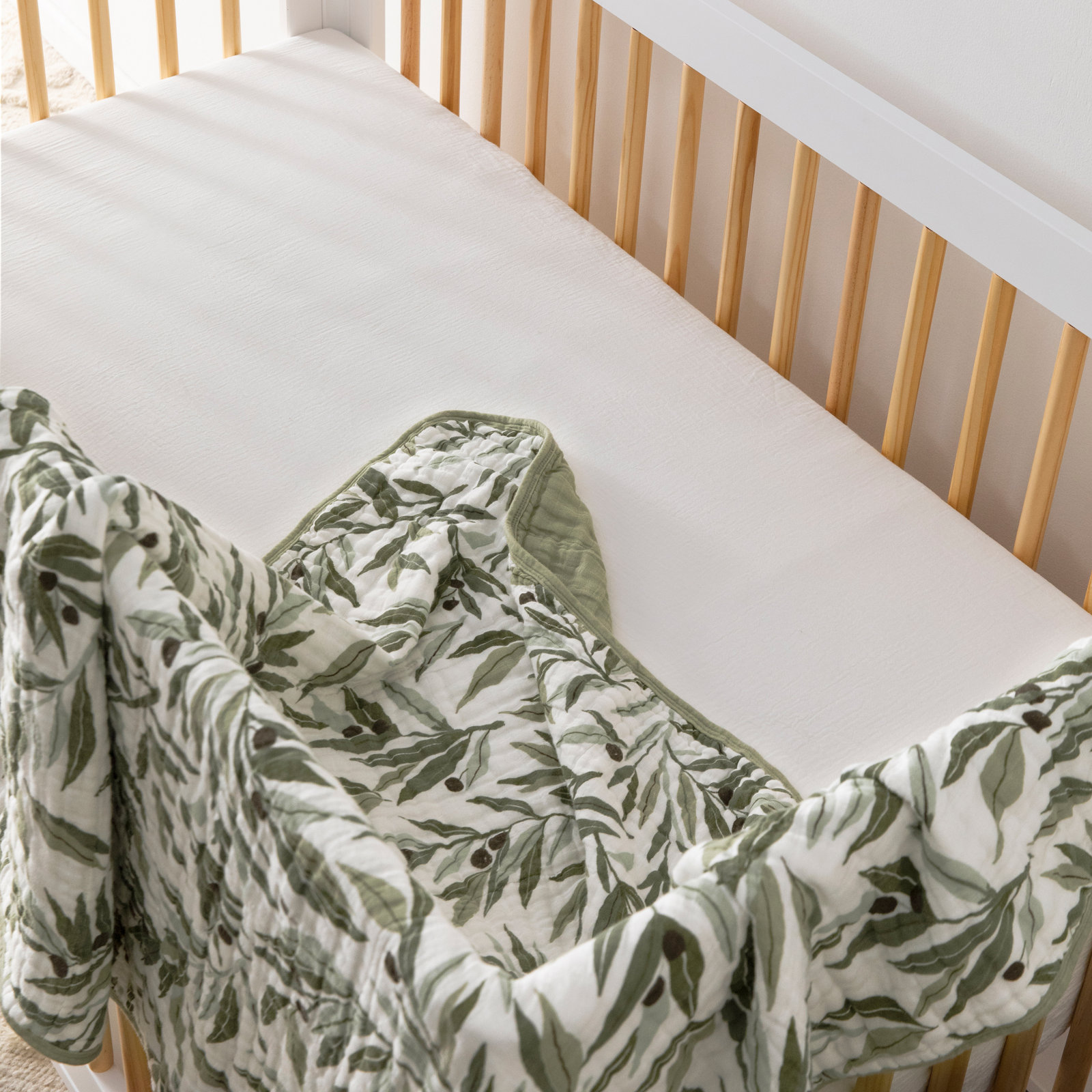 Olive Branches Muslin Quilt in GOTS Certified Organic Cotton