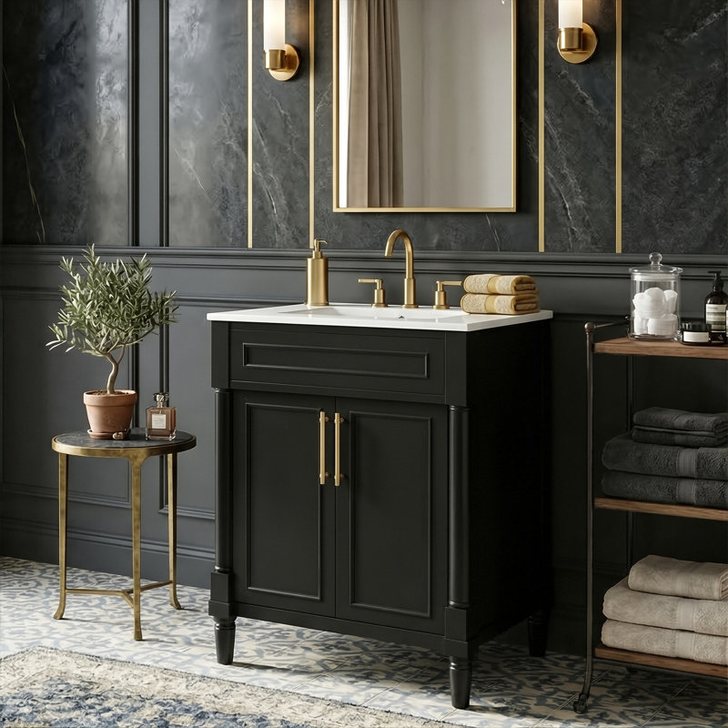 Tour de meuble-lavabo simple 24 po avec lavabo en céramique et armoire 2 portes en bois massif, Noir