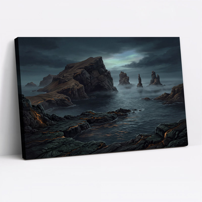 Tableau sur toile représentant des rochers sombres et déchiquetés aux fissures orange brillantes dans un océan brumeux