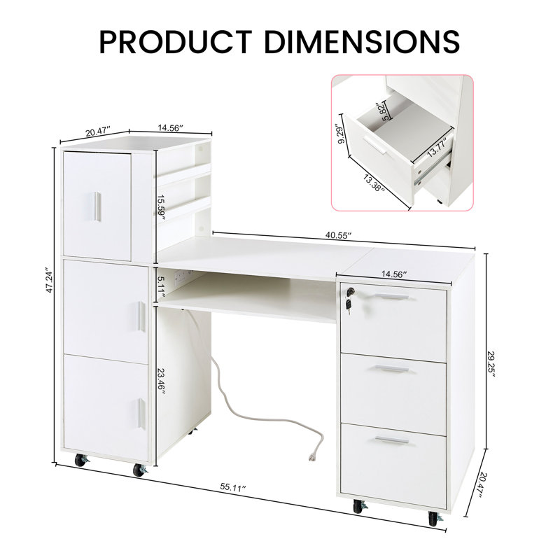Table de manucure blanche avec prise de courant et USB, 3 tiroirs, 3 armoires, tablettes ouvertes, 8 roulettes, station de clou pour salon et maison