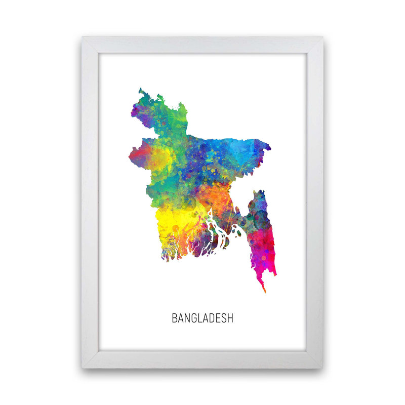 Bangladesh Watercolour Map by Michael Tompsett - Print, 63cm H x 46cm W x 3cm D, White Framed