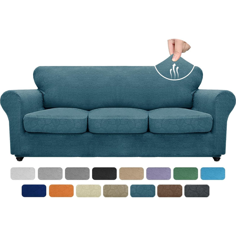 Housse pour canapé à coussins en T Stretch Leaf, Tissu bleu, H 41 po x l 92 po x P 42 po