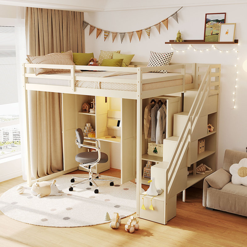 Full Size Loft Bed with Storage Staircase, Dressing Table w/ Mirror & Drawer, Wardrobe, Cabinets, USB Ports, LED Lights, Beige