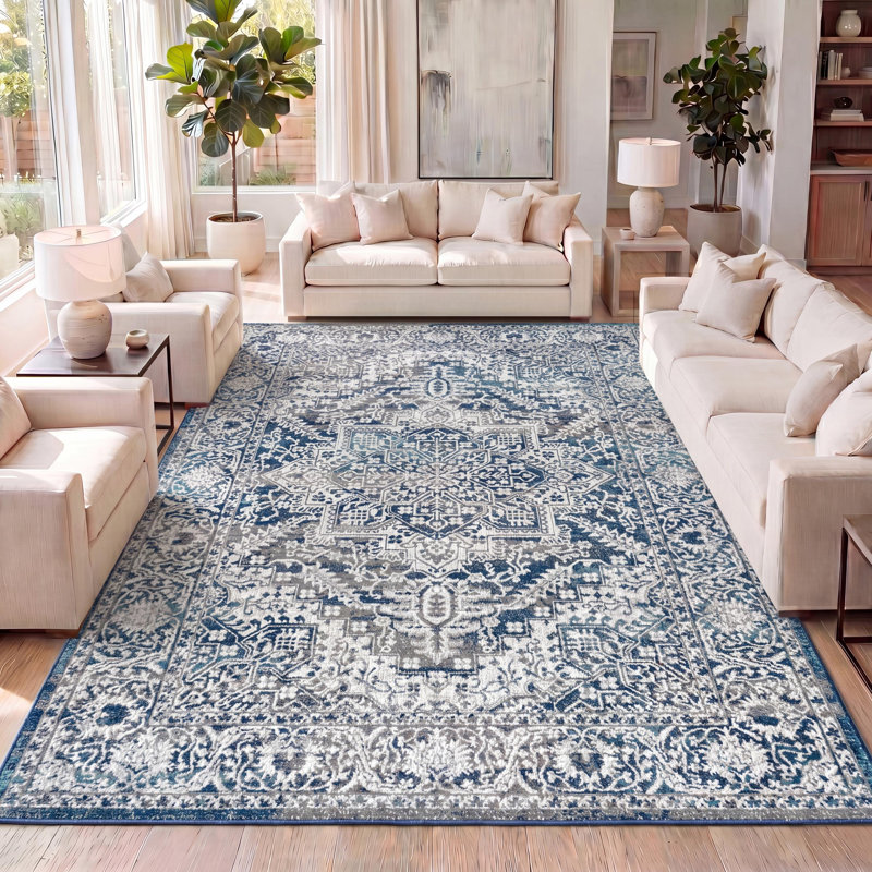 Modern Persian Vintage Medallion Navy/Light Gray Rug, Rectangle 7'9" x 10'