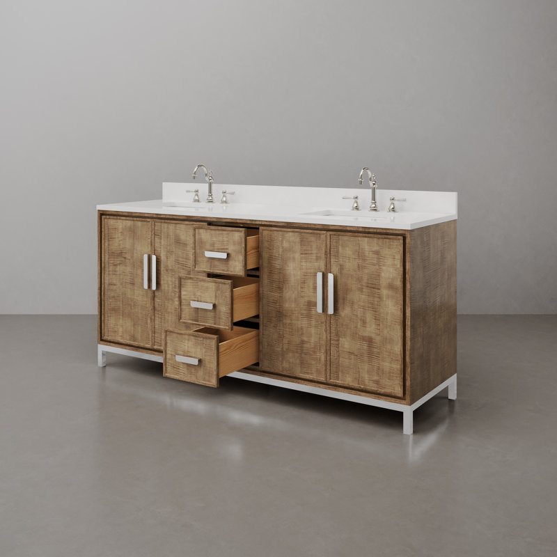 Brookhn 72 In. Double sink White Quartz top Bath Vanity in Lustrous Walnut with Hook Faucet