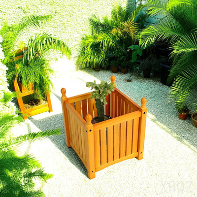 Wood Outdoor Square Wooden Flower And Herb Pot For Garden, Porch And Patio - Outside Plant And Vegetable Container, Planter, Teak