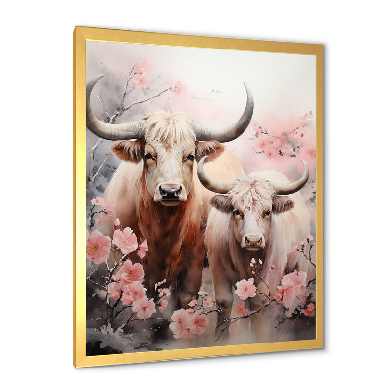 «Romanticism Yaks Couple Harmony I», reproduction sur toile, Cadre doré simple, H 44 po x l 34 po x P 1,5 po