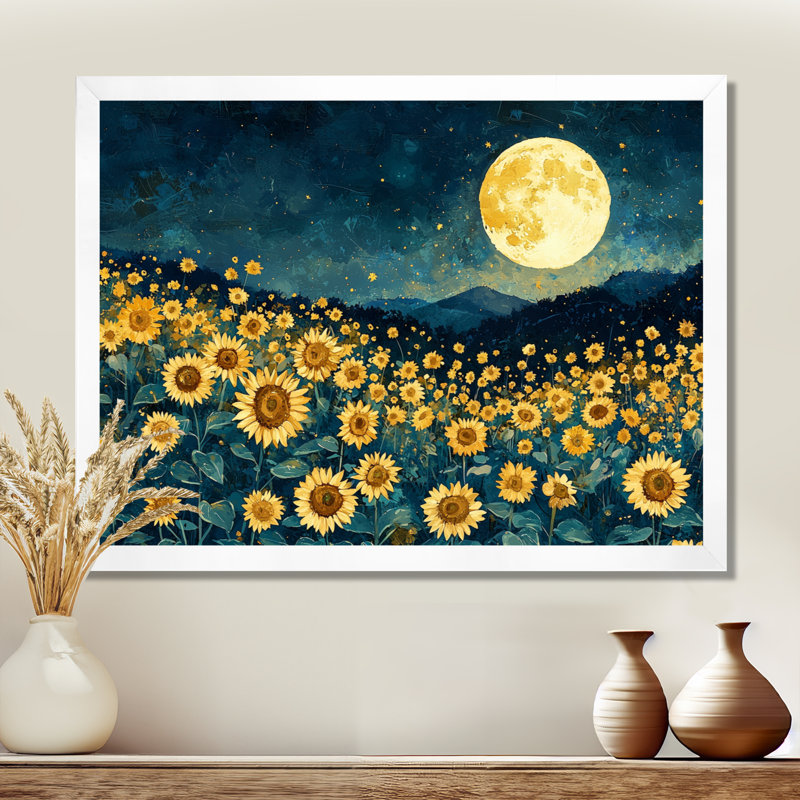 «Midnight Sunflowers» par Vincent II - art mural tournesols, H 30 po x l 40 po, Reproduction encadrée d'une seule photo