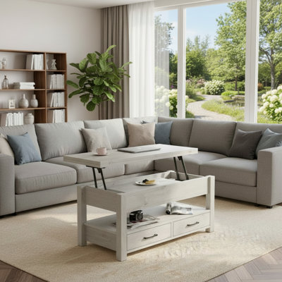 Table basse multifonctionnelle grise à hauteur réglable avec tiroirs et compartiments de rangement cachés; Peut être instantanément converti en table de salle à manger, convient aux salons / bureaux à domicile.