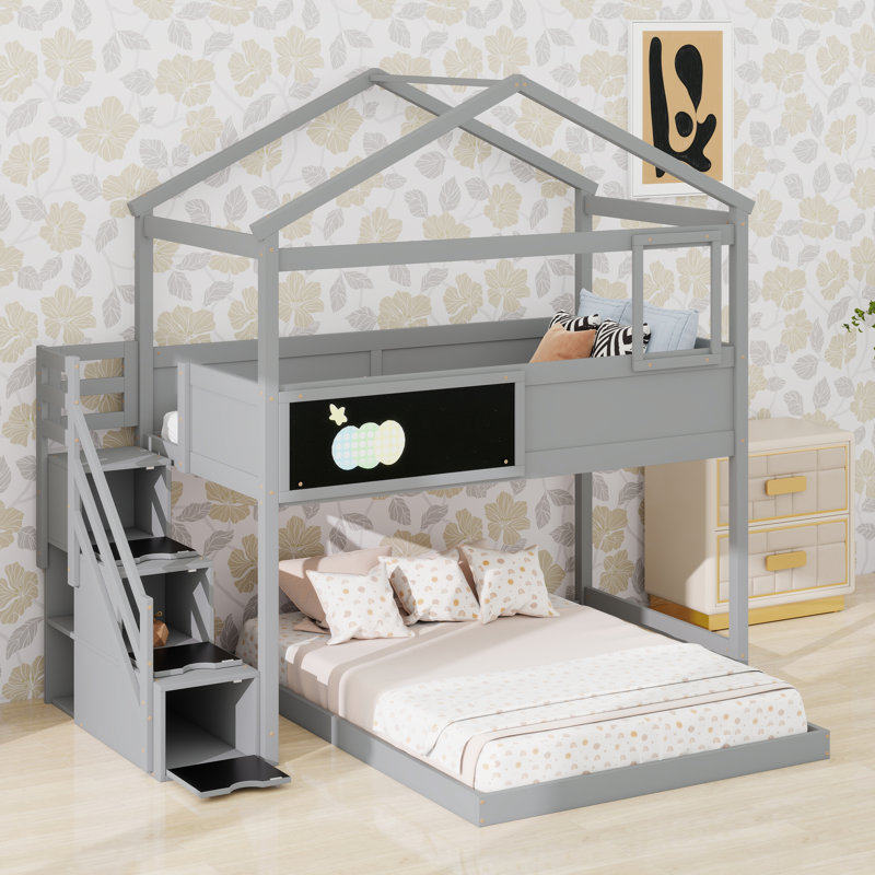 Pine Wood House-Shaped L Bunk Bed With Storage Staircase, Blackboard And Wooden Slats Support, Gray