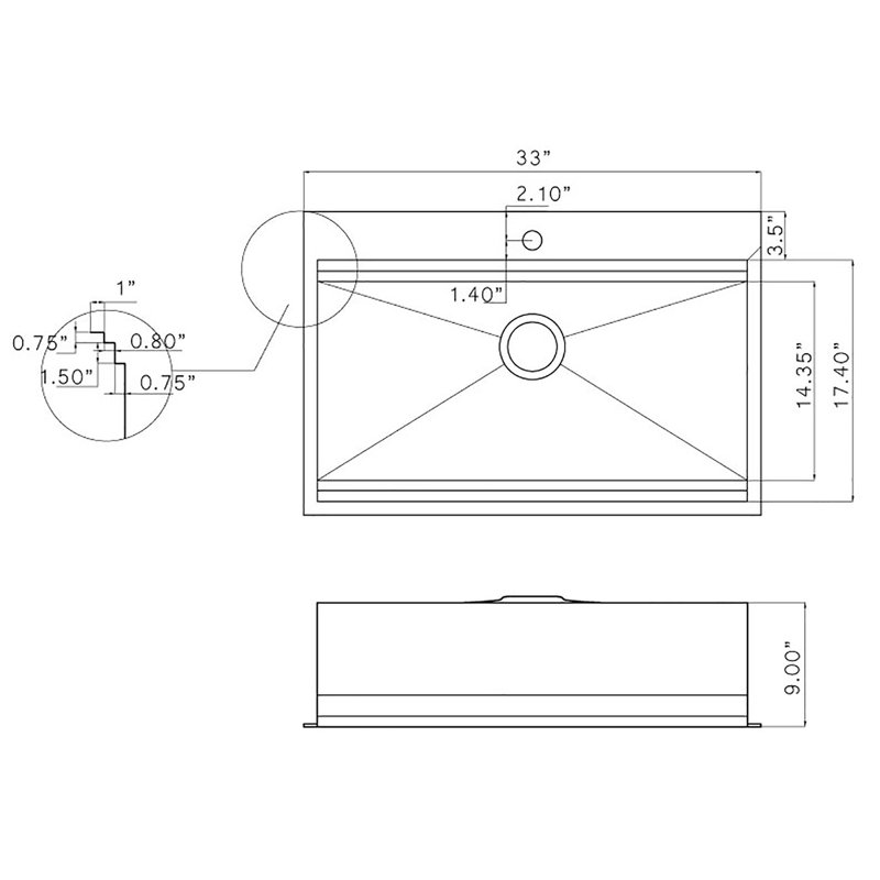 KS0344 Ensemble tout-en-un d'évier de cuisine à cuve simple en acier inoxydable encastrable 33 po x 22 po KS0344