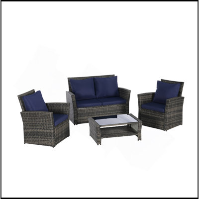 4 Pieces Outdoor Patio Furniture Sets Garden Rattan Chair Wicker Set, Poolside Lawn Chairs With Tempered Glass Coffee Table Porch Furniture