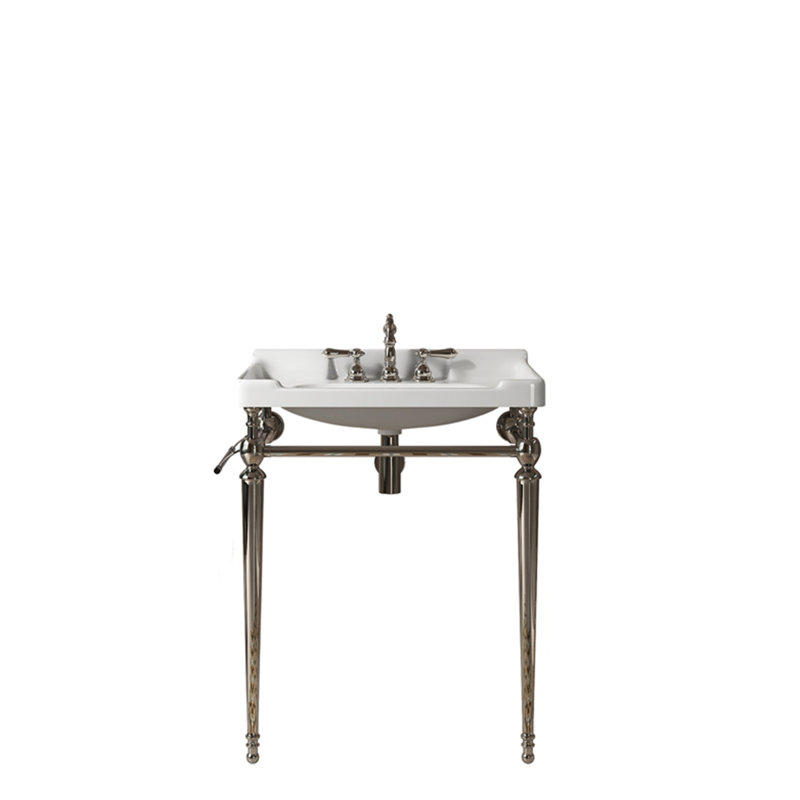 Lavabo de console de salle de bain 28 po, lavabo mural en céramique avec 3 trous de robinet pré-percés, Chrome, White