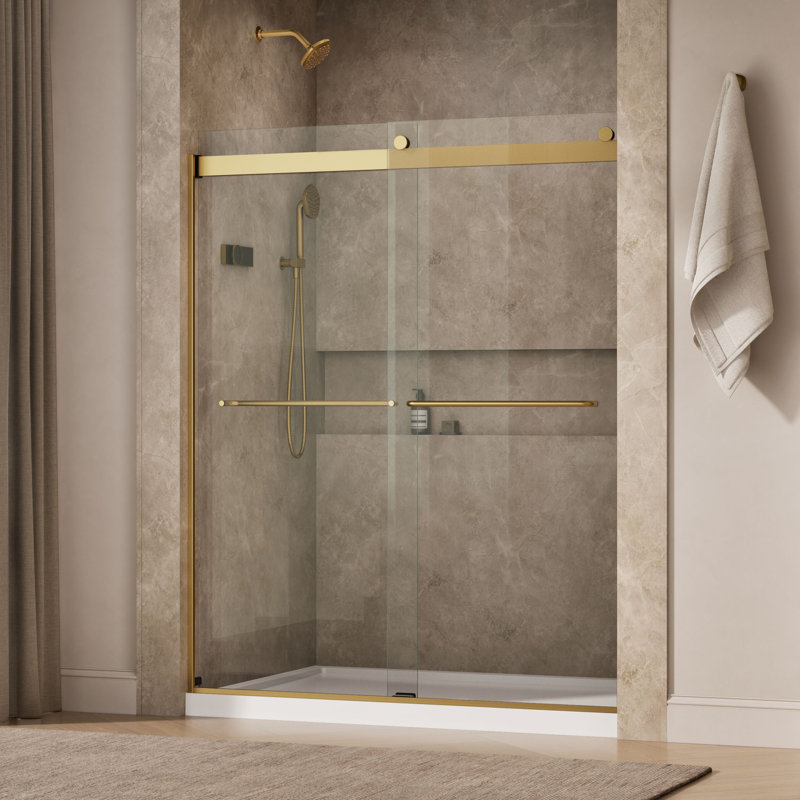 Levity 59.63" x 74" Bypass Shower Door with CleanCoat® Technology, Moderne Brass, Crystal Clear