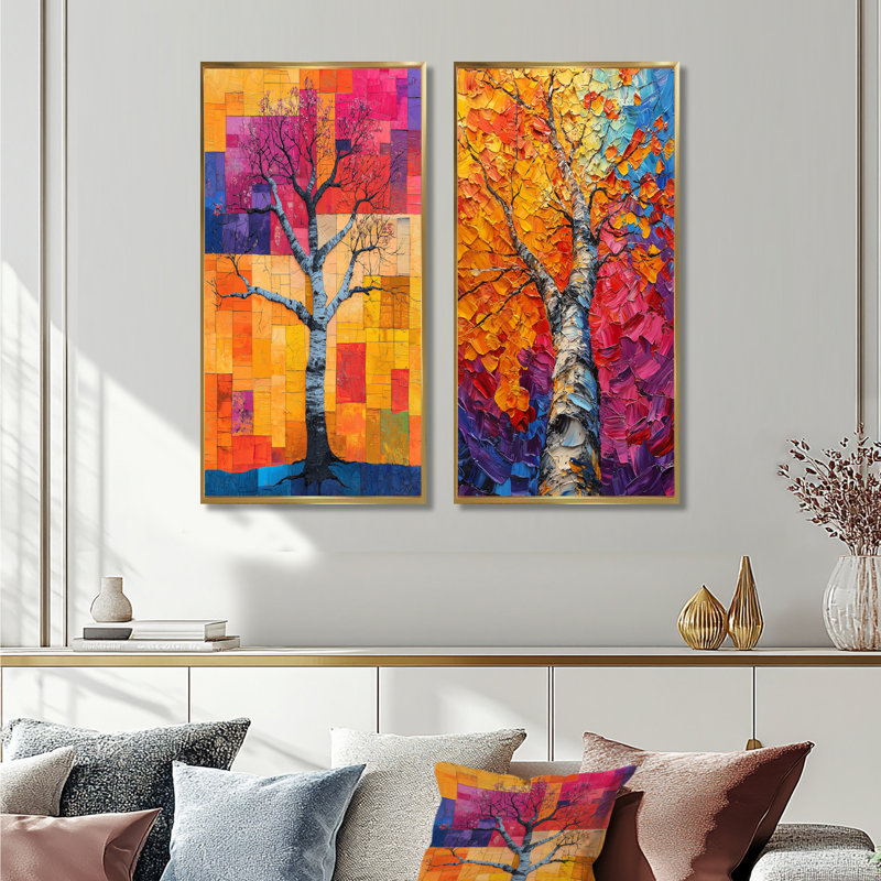 Ensemble de 2 pièces d'art jaune et jaune Basswood Tree I - Tree, Cadre flottant doré, H 32 po x l 32 po