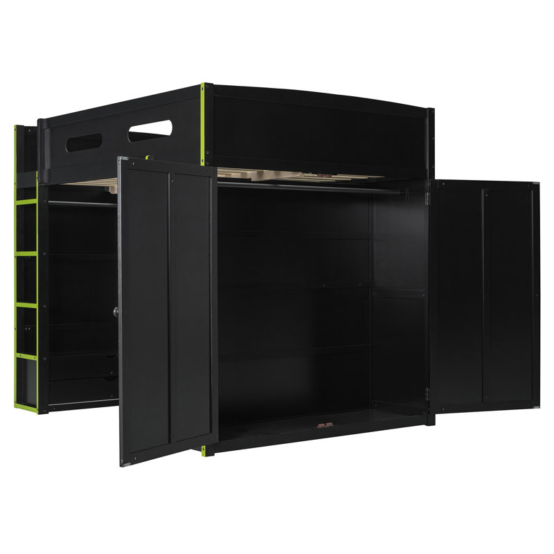 Full Size Wood Loft Bed With Desk,Wardrobe,Ample Storage Space,And RGB LED Light