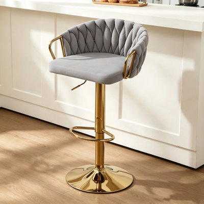 Velvet Swivel Bar Stool Modern Upholstered Barstool with Woven Backrest & Footrest Adjustable Hight Counter Bar Chairs for Kitchen Island, Bar,