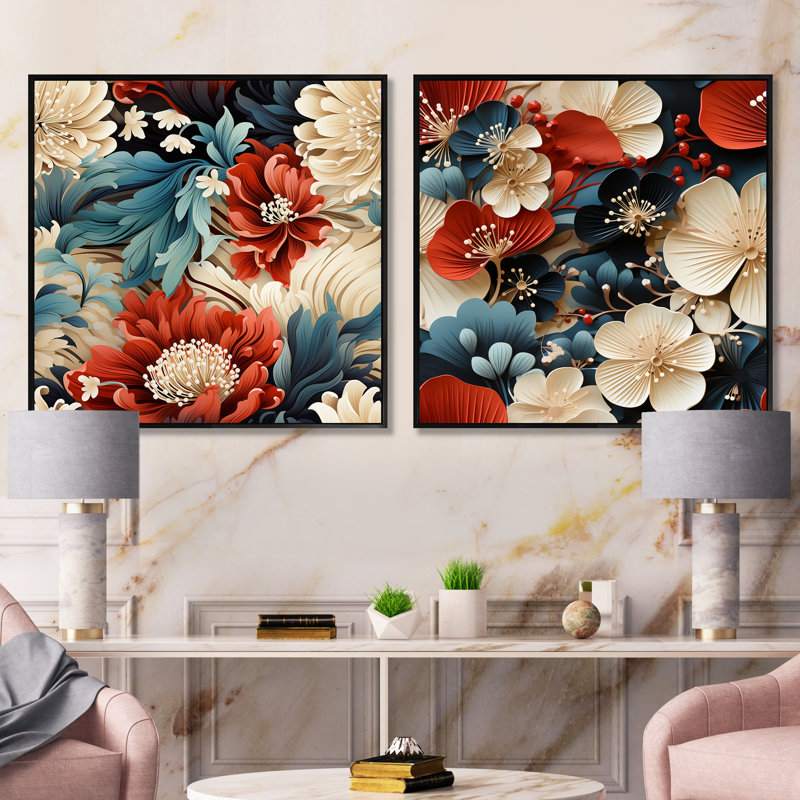 Thetford - Ensemble de 2 collages carrés floraux, Cadre flottant noir, H 36 po x l 73 po