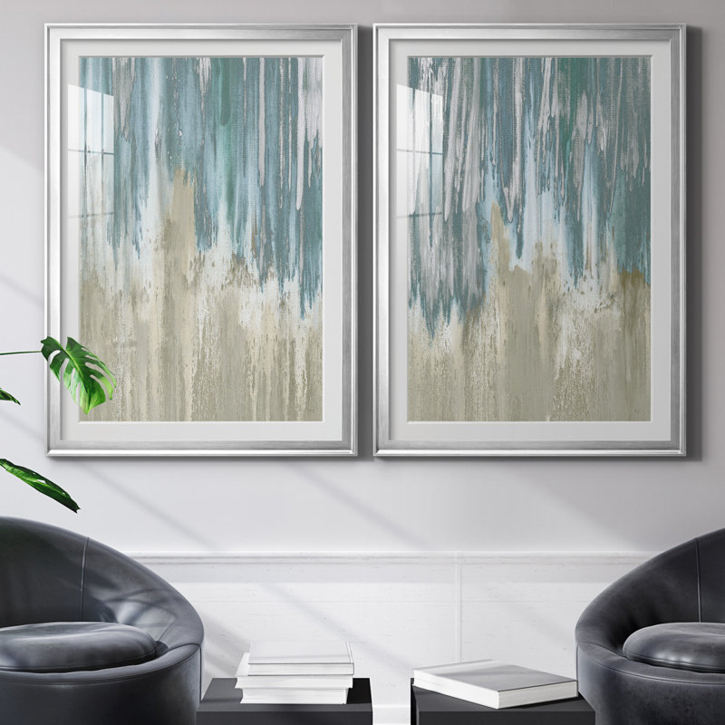 «Like a Waterfall I», ensemble de 2 reproductions, H 30,5 po x l 85 po x P 1,5 po, Papier avec cadre argenté, Blanc