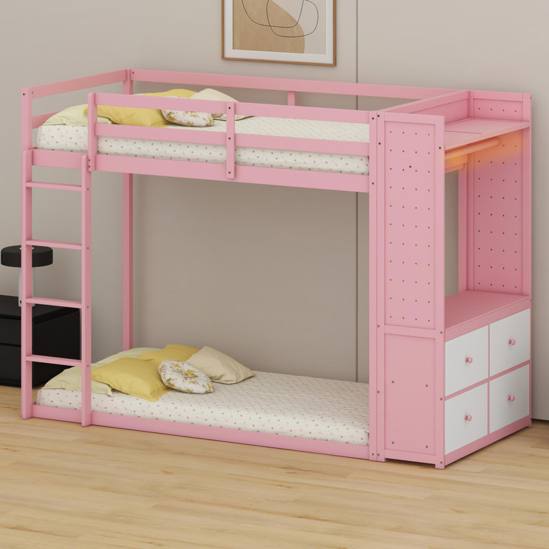 Multi-Functional Bunk Bed Featuring Built-In Shelves, Pegboards, Drawer Storage, And Ambient Lighting, Pink
