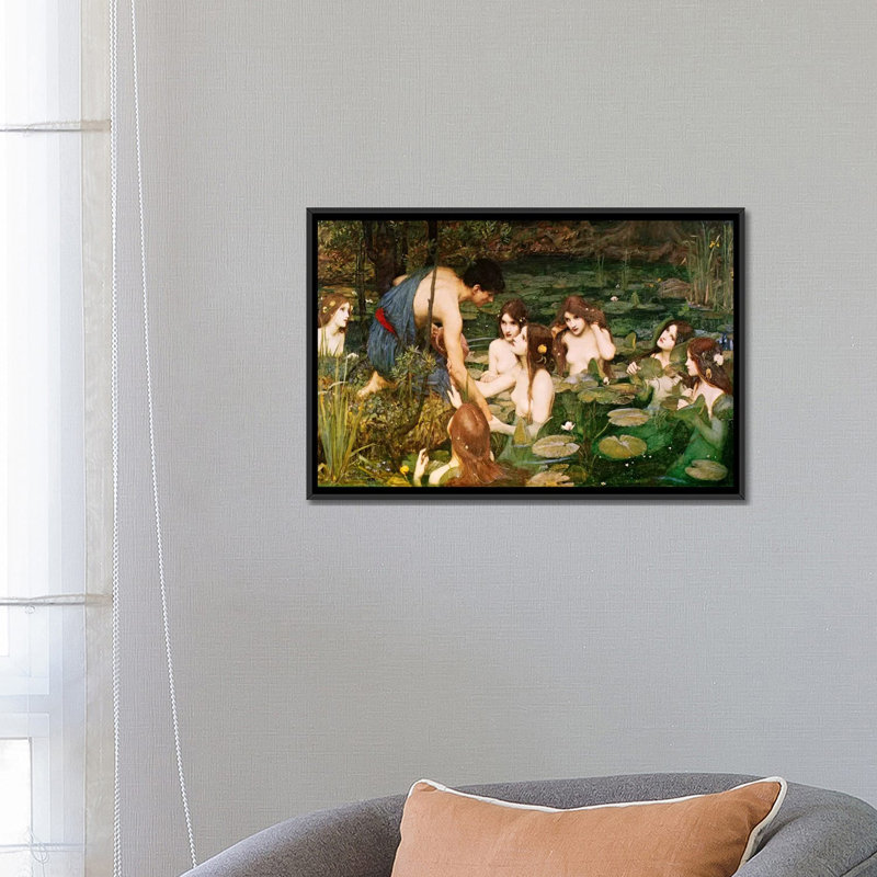 Hylas et les nymphes, reproduction d'art sur toile, H 18 po x l 26 po x P 1,5 po, Toile avec cadre noir, Pas de tapis