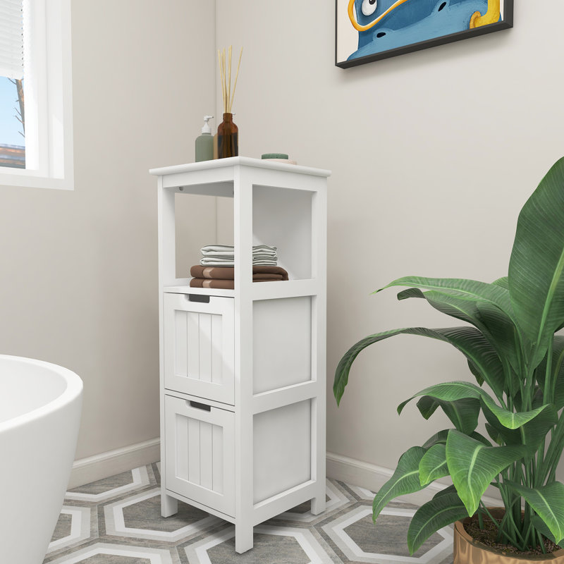 Armoire de rangement blanche pour salle de bain avec 2 tiroirs et 1 tablette - Buffet autoportant avec rangement