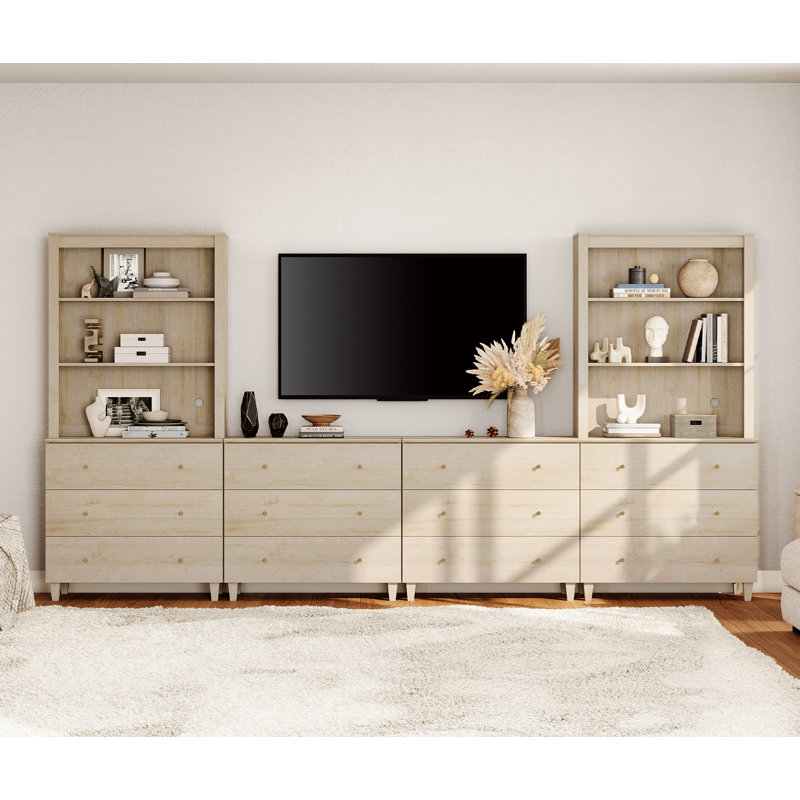 Entertainment Center And Bookshelves Set With Drawers For 75" Tvs, Beige