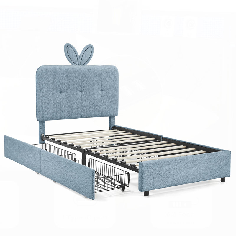 Lit tapissier pour enfants avec tête de lit surdimensionnée pour oreilles de lapin, 4 tiroirs de rangement à DEL, tissu Boucle