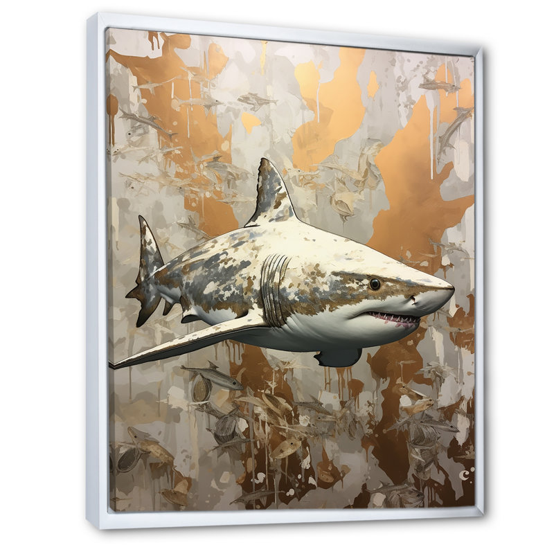 " Minimalism Shark Painting In Golden Beige II ", 40" H x 30" W x 1.5" D, White Floater Framed