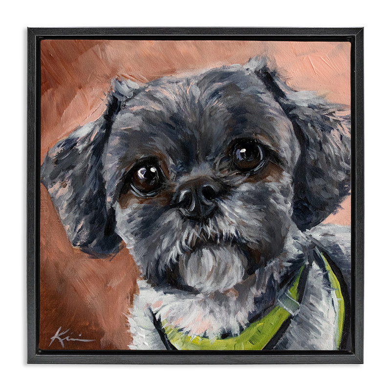 Portrait de chien Shih Tzu, H 18 po x l 18 po, Cadre flottant noir de jais